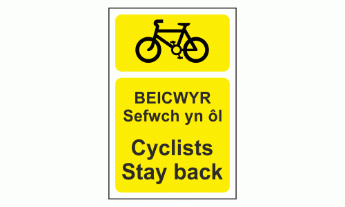 Cyclists Stay Back Sign BEICWYR Sefwch yn 