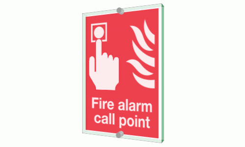 Fire alarm call point Sign - Clearview Printed onto 6mm Cast Acrylic With Green Edge, Comes Complete With X2 Stainless Steel Standoffs.