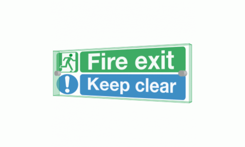 Fire Exit Keep Clear Sign - Clearview Printed onto 6mm Cast Acrylic With Green Edge, Comes Complete With X2 Stainless Steel Standoffs.
