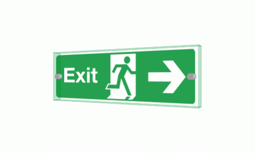 Exit Right Sign - Clearview Printed onto 6mm Cast Acrylic With Green Edge, Comes Complete With X2 Stainless Steel Standoffs.