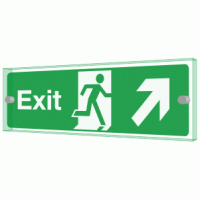 Exit right diagonal up Sign - Clearview Printed onto 6mm Cast Acrylic With Green Edge, Comes Complete With X2 Stainless Steel Standoffs.