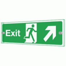 Exit right diagonal up Sign - Clearview Printed onto 6mm Cast Acrylic With Green Edge, Comes Complete With X2 Stainless Steel Standoffs.