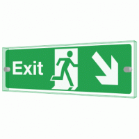 Exit right diagonal down Sign - Clearview Printed onto 6mm Cast Acrylic With Green Edge, Comes Complete With X2 Stainless Steel Standoffs.