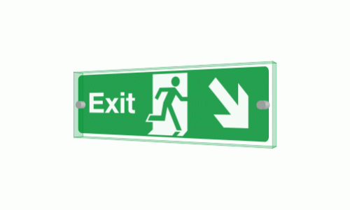 Exit right diagonal down Sign - Clearview Printed onto 6mm Cast Acrylic With Green Edge, Comes Complete With X2 Stainless Steel Standoffs.