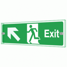 Exit left diagonal up Sign - Clearview Printed onto 6mm Cast Acrylic With Green Edge, Comes Complete With X2 Stainless Steel Standoffs.