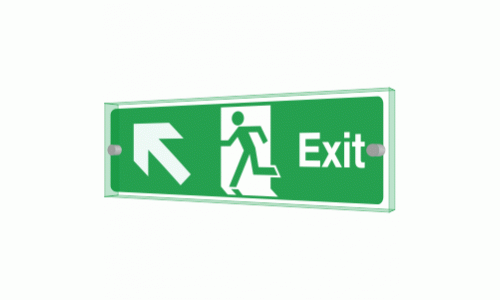Exit left diagonal up Sign - Clearview Printed onto 6mm Cast Acrylic With Green Edge, Comes Complete With X2 Stainless Steel Standoffs.