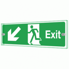 Exit left diagonal down Sign - Clearview Printed onto 6mm Cast Acrylic With Green Edge, Comes Complete With X2 Stainless Steel Standoffs.