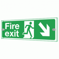 Fire exit right diagonal down Sign - Clearview Printed onto 6mm Cast Acrylic With Green Edge, Comes Complete With X2 Stainless Steel Standoffs.