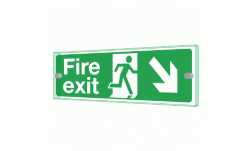 Fire exit right diagonal down Sign - Clearview Printed onto 6mm Cast Acrylic With Green Edge, Comes Complete With X2 Stainless Steel Standoffs.