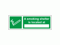 A smoking shelter is located at sign