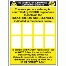 The area you are entering is controlled by COSHH regulations it contains the hazardous substances indicated in the panels below