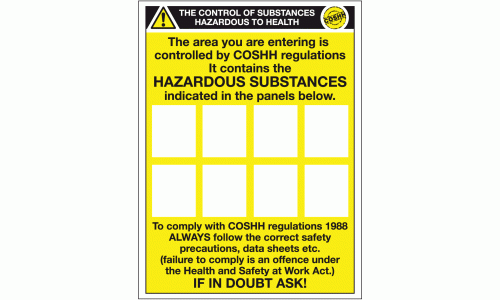 The area you are entering is controlled by COSHH regulations it contains the hazardous substances indicated in the panels below