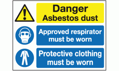 Danger asbestos dust approved respirator must be worn protective clothing must be worn sign
