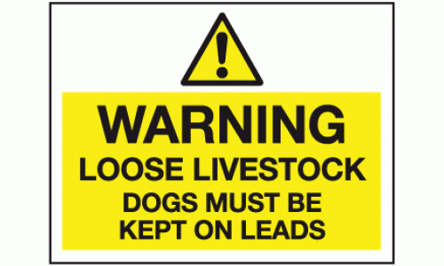 Warning loose livestock dogs must be kept on leads sign