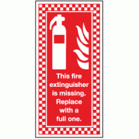 This fire extinguisher is missing please replace with a full one sign
