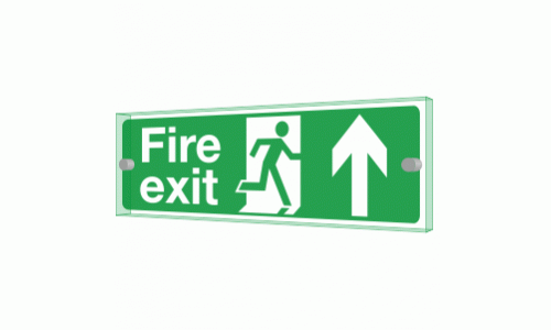 Fire Exit Arrow Ahead Sign - Clearview Printed onto 6mm Cast Acrylic With Green Edge, Comes Complete With X2 Stainless Steel Standoffs.
