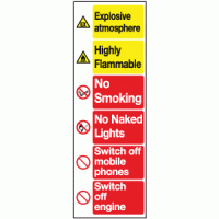 Explosive atmosphere highly flammable no smoking no naked lights switch off mobile phones switch off engine sign