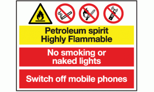 Petroleum sprit highly flammable no smoking or naked lights switch off mobile phones sign