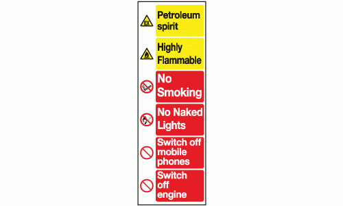 Petroleum sprit highly flammable no smoking no naked lights switch off mobile phones switch off engine sign
