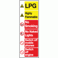 LPG highly flammable no smoking no naked lights switch off mobile phones switch off engine sign