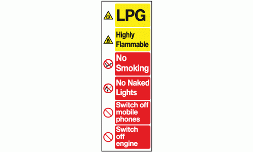 LPG highly flammable no smoking no naked lights switch off mobile phones switch off engine sign
