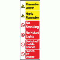 Flammable vapour highly flammable no smoking no naked lights switch off mobile phones switch off engine sign