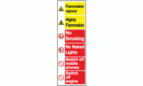 Flammable vapour highly flammable no smoking no naked lights switch off mobile phones switch off engine sign