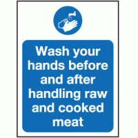 Wash your hands before and after handling raw and cooked meat sign