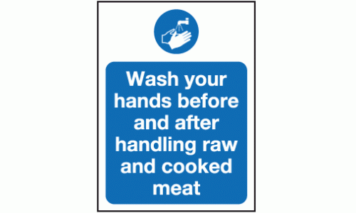 Wash your hands before and after handling raw and cooked meat sign