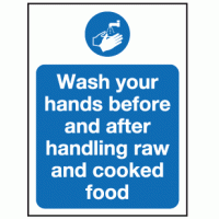 Wash your hands before and after handling raw and cooked food sign