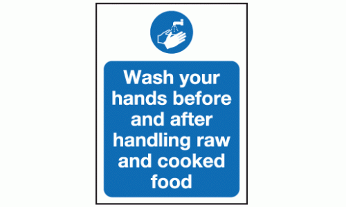 Wash your hands before and after handling raw and cooked food sign