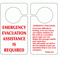Emergency evacuation assistance is required hook on door sign