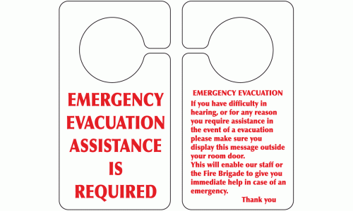 Emergency evacuation assistance is required hook on door sign