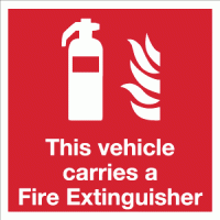 This vehicle carries a fire extinguisher sign
