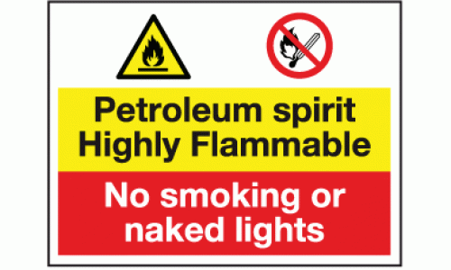 Petroleum sprit highly flammable no smoking or naked lights