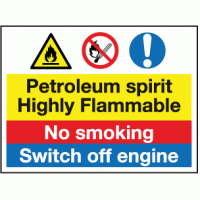 Petroleum sprit highly flammable no smoking switch off engine