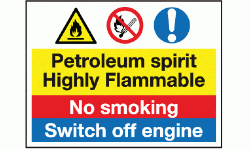Petroleum sprit highly flammable no smoking switch off engine
