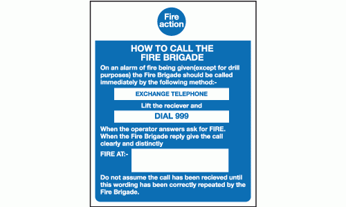 Fire action how to call the fire brigade sign