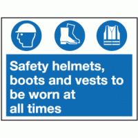 Safety helmets boots and vests to be worn at all times sign