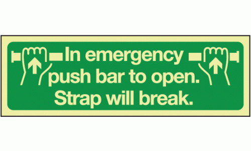 Photoluminescent In emergency push bar to open strap will break