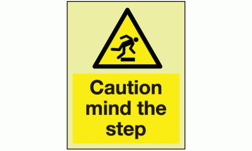 Photoluminescent Caution mind the step sign