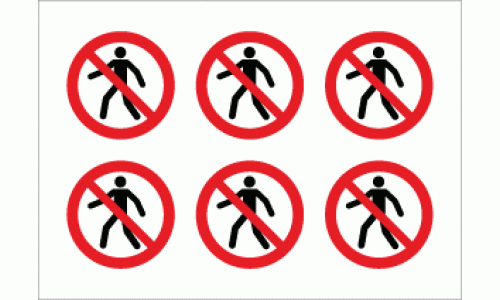 No Pedestrians Stickers 6 Up on a sheet