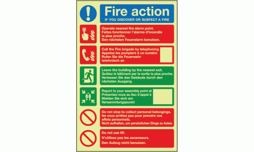 Fire action if you discover or suspect a fire bilingual sign