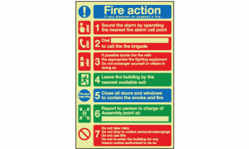 Photoluminescent Fire action safety sign 