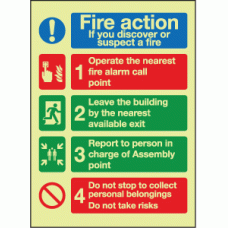 Fire action if you discover or suspect a fire Photoluminescent sign