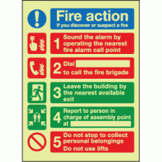 Photoluminescent Fire action if you discover or suspect a fire sign
