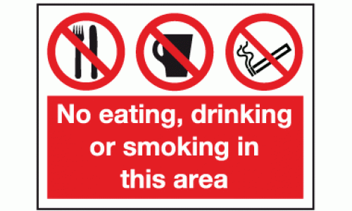 No eating drinking or smoking in this area sign