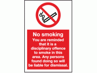 No Smoking Disciplinary offence sign