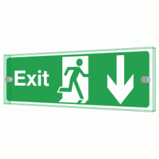Exit down right Sign - Clearview Printed onto 6mm Cast Acrylic With Green Edge, Comes Complete With X2 Stainless Steel Standoffs.
