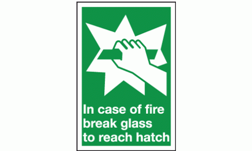In case of fire break glass to reach hatch sign